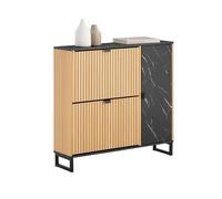 SoBuy Meuble Chaussures Étroit pour Entrée- Armoire à Chaussures avec 2 Abattantes et Porte Latérale Meuble Rangement Chaussure - Design Nordique Compact Noir Bois Clair 90x24x88cm - FSR203-N
