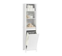 SoBuy Meuble Colonne de Salle de Bain avec Panier Linge, Armoire Haute en Bois, Placard de Rangement Étroit avec 3 Étagères et 1 Sac à Linge Amovible, Blanc, 45 x 35 x 171 cm, BZR102-W