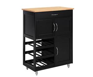 SoBuy Meuble Cuisine à roulettes avec Plan de Travail Desserte Cuisine avec tiroirs, Range-Bouteilles îlot Central Compact pour Cuisine, Salle à Manger et extérieur Noir 67x86x38cm FKW45-SCH