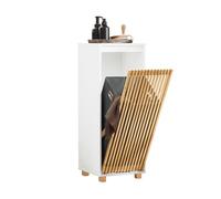 SoBuy Meuble de Salle de Bain avec Panier à Linge - Armoire à Linge, Gain de Place - Meuble de Rangement en Bois, pour Salle de Bain, WC invités, Porte en Bambou, 32x33x85 cm, BZR126-W