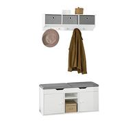 SoBuy Meuble d'Entrée Ensemble Portemanteau Mural 3 Tiroirs + Banc de Rangement avec Coussin Rembourré 2 Places, 2 Etagères et 2 Portes FRG282-W + FSR96-W