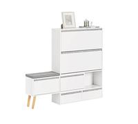 SoBuy Meuble entrée avec Banc Amovible 124x24x126cm pour entrée | Armoire à chaussures avec 2 abattants, 2 portes, 2 tiroirs et banc rotatif, MDF/pin, charge 100kg FSR134-W