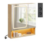 SoBuy Meuble Haut Salle de Bain avec Miroir Éclairage & Prise 60x17x70 cm | Armoire Murale avec Porte & Miroir Mince 17cm, Meuble Toilette Rangement pour Salle de Bain, Chêne Naturel, BZR238-E-N