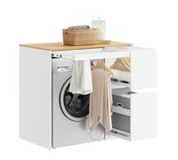 SoBuy Meuble Machine à Laver avec 2 Tiroirs pour Buanderie 100x60x95 cm | Armoire Rangement Salle de Bain, Meuble Dessus Machine Lave-Linge avec Panier & Étendoir Coulissant, Blanc et Bois, BZR223-WN