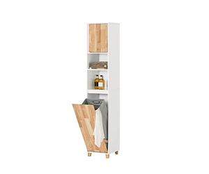 SoBuy Meuble Salle de Bain avec Panier à Linge 31x170x32 cm pour Buanderie | Armoire Salle de Bain Rangement - Meuble WC Rangement Bois Résistant à l’Humidité, Blanc-Nature, BZR74-W