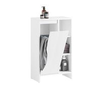 SoBuy Meuble Salle de Bain avec Panier à Linge - Colonne Salle de Bain Étroite avec Porte Abattante et Étagères Ouvertes, Meuble Buanderie 86x50x30cm, Blanc BZR156-W