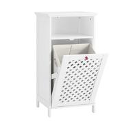 SoBuy Meuble Salle de Bain avec Panier à Linge et Niche Ouverte - Meuble WC Commode de Rangement en MDF E1 & Tissu Non Tissé, Capacité 30kg, Portes Ajourées avec Poignées Rouges 45x41,5x87cm BZR211-W