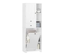 SoBuy Meuble Salle de Bain avec Panier à Linge Placard Rangement Haut Armoire de Rangement avec 6 Étagères et 2 Tiroirs Colonne Salle de Bain avec Panier Blanc 60x37x171 cm BZR104-W
