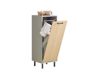 SoBuy Meuble salle de bain avec panier à linge rabattable Armoire de salle de bain étroite avec pieds en métal & panier à linge amovible - Meuble buanderie en bois, Gris Naturel 31,5x86x30cm BZR132-NG