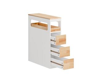 SoBuy Meuble Salle de Bain Colonne de Rangement, Petit Meuble Salle de Bain Meuble Compact avec Roues, Tiroirs et Séparateurs, Blanc+Naturel, 65x23x82cm, BZR54-III-WN