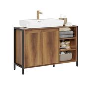 SoBuy Meuble sous Lavabo Salle de Bain 90cm, Meuble sous Vasque avec Découpe Siphon, Armoire de Rangement avec Portes et Étagères, Style Industriel Bois & Métal BZR63-L-PF