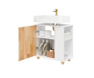 SoBuy Meuble sous Lavabo Salle de Bain avec Découpe pour Siphon 60x60x29 cm | Meuble sous Vasque avec 2 Portes & 2 niches Ouvertes, Placard Rangement Salle de Bain Compact, Blanc et Bois Naturel, BZR75-W