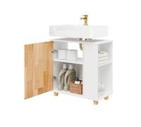 SoBuy Meuble sous lavabo Salle de Bain - Meuble sous Vasque avec Siphon, 2 Portes & 2 niches Ouvertes - Placard de Rangement de Salle de Bain Compact Blanc et Bois Naturel 60x60x29cm BZR75-W