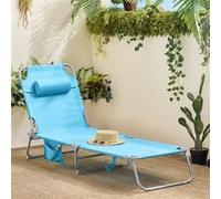 SoBuy Transat Jardin Extérieur Pliable Bain de Soleil avec Oreiller Chaise Longue Relax avec Poche Latérale Confortable Mobilier de Jardin pour Terrasse Plage Piscine Bleu Ciel 155x56x81cm OGS35-B