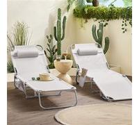 SoBuy OGS35-MI x2 Lot de 2 Chaises Longues Pliables et Réglables, Transat de Jardin avec Appui-Tête et Pochette, Bain de Soleil, Transat Relaxation Ergonomique, pour Jardin, Balcon, Charge 120kg Beige