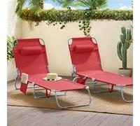 SoBuy Lot de 2 Transat Jardin Extérieur Pliable Bain de Soleil avec Oreiller Chaise Longue Relax avec Poche Latérale Mobilier de Jardin pour Terrasse Plage Piscine Rouge 155x56x81 cm OGS35-Rx2