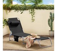 OGS35-SCH Chaise Longue Pliable et Réglable, Transat de Jardin avec Appui-Tête et Pochette, Bain de Soleil, Transat Relaxation Ergonomique, pour