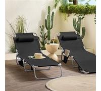 SoBuy OGS35-SCHx2 Lot de 2 Chaises Longues Pliables et Réglables, Transat de Jardin avec Appui-Tête et Pochette, Bain de Soleil, Transat Relaxation Ergonomique, pour Jardin, Balcon, Charge 120kg Noir