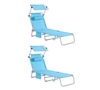 OGS48-Bx2 Lot de 2 Chaise Longue Pliable avec Pare-Soleil Réglable - Transat Jardin, 198 x 63 x 65 cm, 4 Positions Inclinables, 150kg Max - Pour