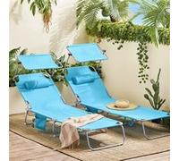 SoBuy OGS48-Bx2 Lot de 2 Chaise Longue Pliable avec Pare-Soleil Réglable - Transat Jardin, 198 x 63 x 65 cm, 4 Positions Inclinables, 150kg Max - Pour Piscine, Jardin, Terrasse et Camping - Bleu Bleu
