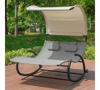 SoBuy OGS50-HG lit à bascule 2 personnes lit de bain ergonomique avec toit et 2 appui-tête à roulettes pour terrasse de jardin Gris clair