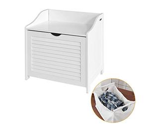 SoBuy Panier à Linge Banc de Rangement Entrée avec Sac Amovible et Assise - Banc de Rangement Bois MDF pour Meuble d'Entrée, Salle de Bain, Chambre - Blanc 50x35x53cm FSR40-W