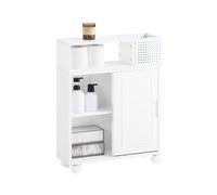 SoBuy Petit Meuble de Salle de Bain sur roulettes avec Porte Coulissante - Armoire de Salle de Bain étroit 17 cm pour Petites WC - Meuble Toilettes en Bois Blanc 52x17x69 cm BZR176-W