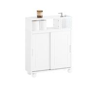 SoBuy Petit Meuble WC 17cm Rangement Toilettes Armoire de Toilette avec Portes Coulissantes, Boîte Métal & roulettes Colonne Salle de Bain pour WC et Petits Espaces 52x17x69cm BZR176-W