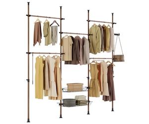 SoBuy Portant à vêtements télescopique solide - Penderie ouverte réglable avec tringles et étagères, Porte manteau pour chambre/dressing, Marron KLS04-II-BR