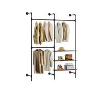 SoBuy portant mural industriel, rack vêtements en tubes fixes avec 3 tringles & 3 étagères MDF, penderie ouverte robuste gain de place, noir industriel KLS18-SCH