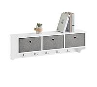 SoBuy Porte Manteau Mural avec 5 Crochets et 3 Paniers - Porte Manteau Mural Bois, Meuble Entrée avec Étagère - Penderie Suspendue pour Chambre, Salon, Salle de Bain - Blanc 100x20x30cm, FRG282-W