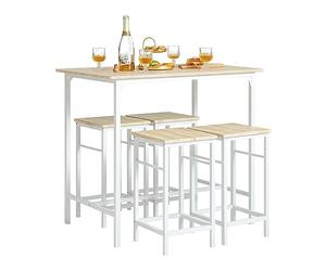 SoBuy Set de 1 Table + 4 Tabourets, Ensemble Table de Bar Bistrot + 4 Tabourets avec Repose-Pieds, Table Haute, Mange-Debout pour Salle à Manger, Cuisine, Salon, Balcon, Blanc+Naturel, OGT11-WN