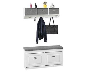 SoBuy Set de Banc de Rangement avec Coussin Rembourré, 2 abattants + Meuble d'Entrée Portemanteau Mural 3 Tiroirs, FSR64-W + FRG282-W
