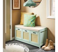 SoBuy Siège commode Banc avec espace de rangement Banc à chaussures avec coussin d'assise Coffre à chaussures avec 2 portes et un panier Vert LHT env. 90x45x35cm FSR182-GR