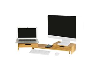 SoBuy Support Écran Réglable Charge max. 25kg 60x11x22cm Bureau | rehausseur moniteur en bambou avec 2 tiroirs, longueur et angle ajustables BBF04-N