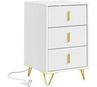 SoBuy | Table de chevet blanche avec 3 tiroirs | Meuble de rangement avec prises et chargeur sans fil | Table d'appoint en MDF pour chambre | 40×40×64 cm | Capacité de charge 27 kg | FBT115-L-E-W Blan
