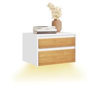 SoBuy Table de Chevet Suspendue avec Lampe LED à détecteur, 40x29,8x25,6cm | Table de nuit flottante avec 2 tiroirs, blanc naturel, rangement pour chambre ou salon, FBT175-E-WN