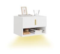 SoBuy Table de Chevet Suspendue avec Lampe LED à détecteur, 40x30x26cm | Tiroir interchangeable haut/bas, Etagere murale avec façade ondulée de tiroir et poignée dorée, PB+MDF, FBT176-E-W