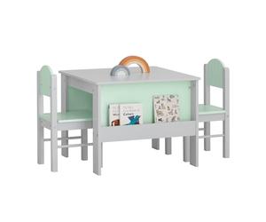 SoBuy Table Enfant avec 2 Chaises Enfants, Ensemble Table et 2 Chaises pour Enfants, Bureau Enfant avec 2 étagères à Livres latérales, Gris Clair et Vert Clair, KMB88-HG