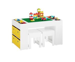 SoBuy Table Enfant avec 2 Chaises, Ensemble Table et Chaises Enfant avec Bacs de Rangement pour Chambre, Bureau de Bloc de Construction Double Face, Blanc 87x50x50 cm KMB75-W