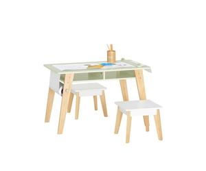 SoBuy Table Enfant avec 2 Tabourets Charge Max. 28kg 80x44x48cm | table dessin avec porte-rouleau et 2 compartiments, MDF et pin, KMB92-GR