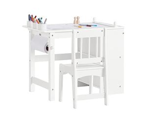SoBuy Table Enfant avec Chaise Ensemble 2 Pièces Table et Chaise pour Enfant Bureau avec 2 Étagères Porte-Papier et Rangements Stylos Blanc 80x54x65,5 KMB60-W