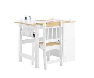 SoBuy Table Enfant avec Chaise Ensemble 2 Pièces Table et Chaise pour Enfant Bureau avec 2 Étagères Porte-Papier et Rangements Stylos Blanc-Naturel 80x50x66 KMB60-WN
