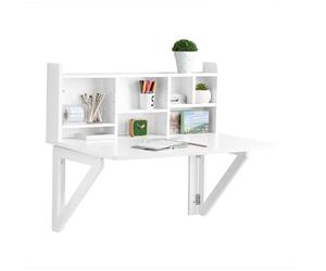 SoBuy Table Pliante Murale avec étagère & Tablette réglable, 90x78x60cm | Table de Cuisine, niches ouvertes & fixation murale, stable et gain de place, pour cuisine/bureau, Blanc, FWT07-II-W