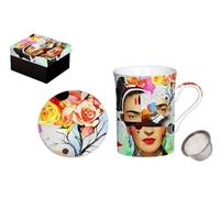 Socadis Ensemble de Vaisselle Frida Kahlo Revisitée par Loui Jover, Tasse avec couvercle, filtre Boîte cadeau, Décor Floral Coloré