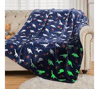 SOCHOW Couverture Plaid Polaire Phosphorescente 150 x 200 cm, Couverture Lumineuse en Molleton de Flanelle Motif Dinosaure du Jurassique, Couverture Bleu foncé en Toute Saison pour Lit Enfants