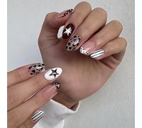 Social Outing Finger Art Faux Ongles | Ovale, détail léopard, accent à pois, lignes rayées, palette marron nude, placement rapide, carte d'entretien