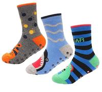 Sock Stack Lot de 3 paires de chaussettes d'hiver antidérapantes super douces et chaudes avec semelles antidérapantes pour un confort et une sécurité ultimes, Dino Shark Tiger, 2-4 ans