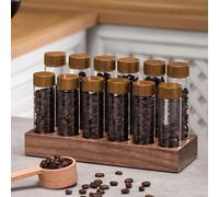 Socle en bois de noyer massif pour boîtes à café de 12 tubes, rangement de grains de café en bois pour portions individuelles, flacons en verre avec couvercles, support d'affichage et entonnoir