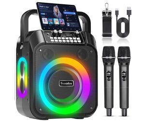 Socodox Machine Karaoké, Haut-Parleur Bluetooth Portable 2 Microphones sans Fil,Batterie 6000mAh 8H Playtime,Stéréo TWS,Lumières RGB,Dual Bass Boost Système PA pour Adultes,Enfants,Fêtes,Chant,DJ